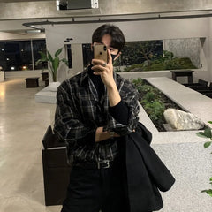Threebooy Korean Plaid Shirt Men Oversized Fashion Retro Casual Shirt Men Streetwear Loose Long Sleeved Shirt Mens Black Vintage Shirts