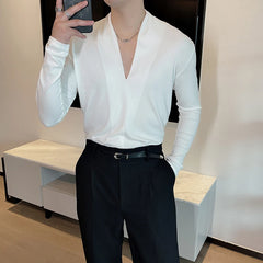 Threebooy  Autumn Trend High Elasticity Ribbed Knitted Long Sleeve T-shirt men Temperament V-neck Versatile T-shirt casual Base Shirt