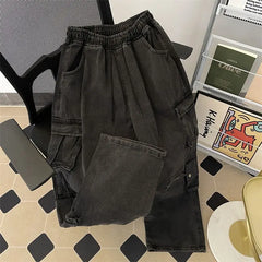 Threebooy  Autumn American high street men and women trendy straight tube multi pocket workwear jeans for couples loose retro casual pants