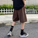 Threebooy Brown Corduroy Shorts Oversized Baggy Five Point Trousers Summer Korean Fashion Wide Leg  Ins Hip Hop Bottoms Men