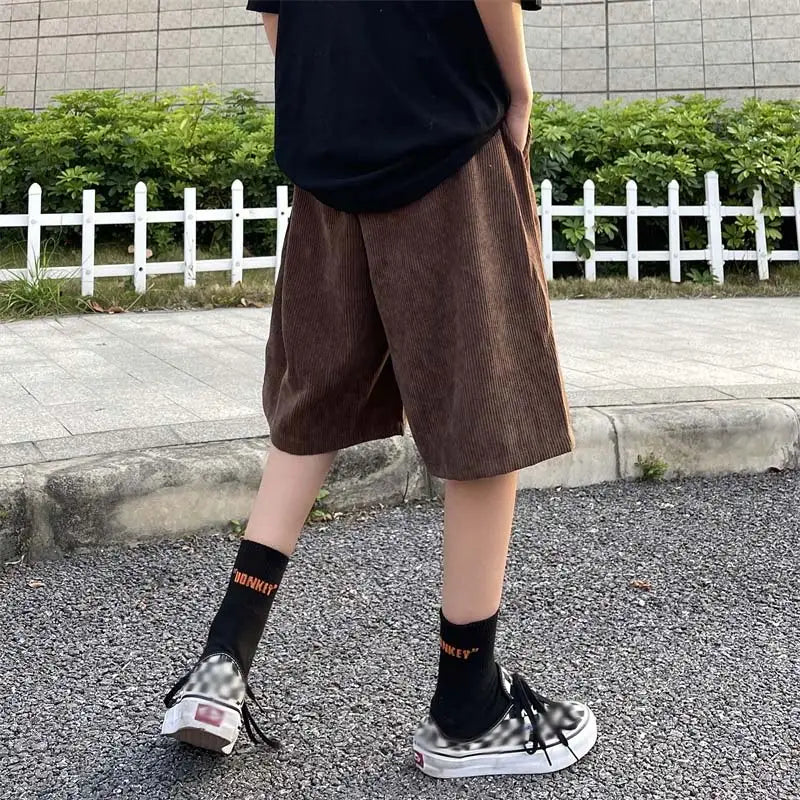 Threebooy Brown Corduroy Shorts Oversized Baggy Five Point Trousers Summer Korean Fashion Wide Leg Pants Ins Hip Hop Bottoms Men and Women