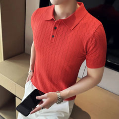 Threebooy British Style Men's Summer Casual Short-sleeved POLO Shirt/Male Slim Fit High Quality Wavy Striped Knitted Polo Shirt S-3XL