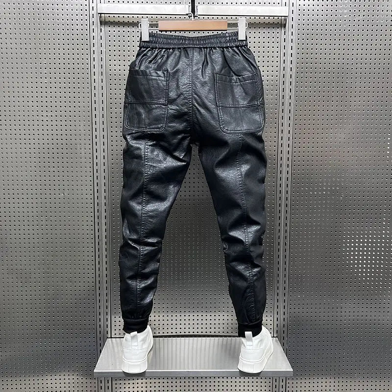 Threebooy Winter Velvet Leather Pants Unisex Thick Casual Pants Trendy PU Leather Tying Pants Streetwear New Motorcycle Trousers