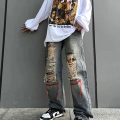 Threebooy Korean Style Ins Hip-Hop Trendy Distressed Red Rope Vintage Jeans Washed And Worn Long Straight Leg Pants