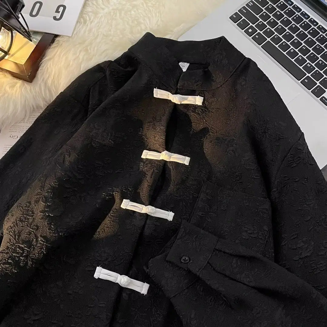 Threebooy Chinese Style Blouse Buckle Stand Collar Shirt Korean 2025 Summer New Trend Embroidered Pattern Vintage Shirt Jacket