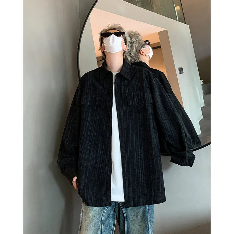 Threebooy Corduroy Printed Work Shirts Men's Single Breasted Casual Jacket Coats Men Korean Fashion Cityboy Long-sleeve Simple Shirt