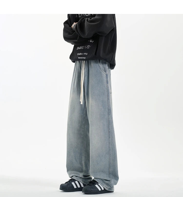 Threebooy New Men's Jeans Washed Jeans Pants Unisex Drawstring Denim Pants Male Streetwear Korean Straight cylinder loose Cowboy Trousers