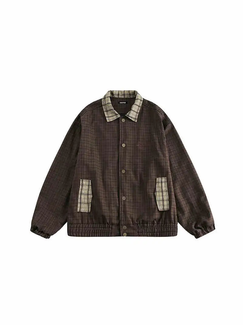 Threebooy Spring Autumn Japanese Retro Plaid Jacket Men Women Couples College Style Splicing Embroidery Casual Loose Trend Jacket Urban