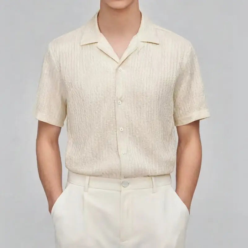 Threebooy  Cuban Collar Design Hollowed Out Loose Shirts Men Summer Ice Silk Short Sleeved Knitted Lapel Shirt Casual Social Streetwear Top