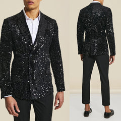 Threebooy  Black Men Suits 2 Pieces Shiny Sequins Blazer Black Pants Double Breasted Modern Wedding Groom Formal Work Party Causal Tailored