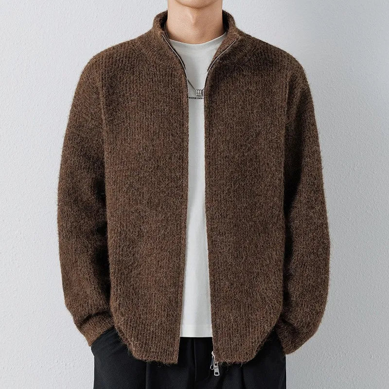 Threebooy Autumn Men's Korean Zipper Cardigan Jacket Casual Stand Collar Solid Color Long Sleeve Sweater Premium Quality Knitted Outerwear