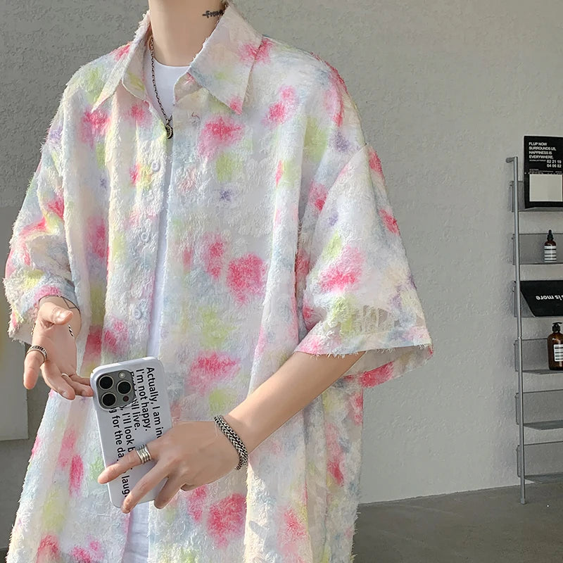 Threebooy Summer Butterfly Tassel Splice Shirt Men Loose Casual Floral Short Sleeve Shirts Women Oversize Streetwear Boy Girl Blouses