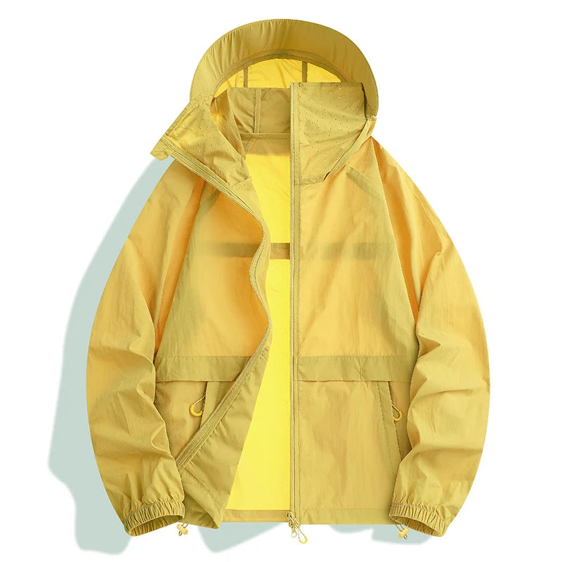 Threebooy  Men's Summer Ultra-Thin UV Protection Jacket Cool Touch Hoodie Solid Color Outdoor Hiking Coat Breathable Quick-Dry Skin