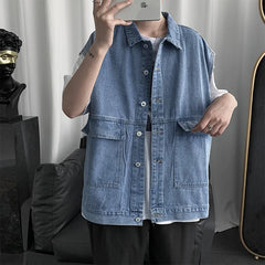 Threebooy Men's Spring Autumn Strapless Denim Jacket Korean Fashion Loose Sleeveless Work Cowboy Vest