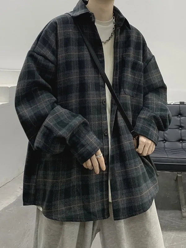 Threebooy Spring Autumn Men's Long Sleeved Checkered Shirt Jacket Coat