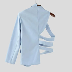 Threebooy  Spring Fashion Men Irregular Blazer Lapel One-shoulder Long Sleeve Button Hollow Out Casual Suit Men Streetwear Thin Coats