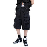 Threebooy Summer Korean style personality patch pocket cargo Shorts Men casual loose black work shorts size M-XL