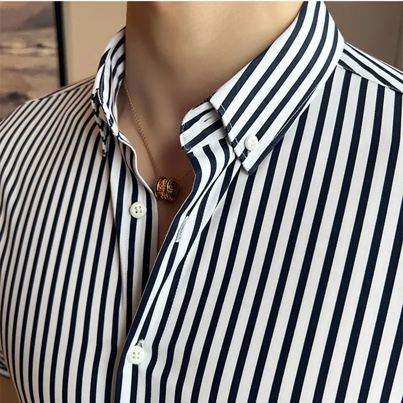 Threebooy Men's Shirt Fashion Casual Stripe Shirts Short Sleeve Shirts Slim Fit Spring Autumn Casual Quality Men Striped Shirt S-4XL