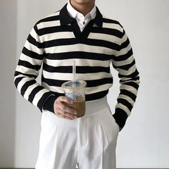 Threebooy American Chic Striped Men Polo Sweater Luxury Trendy Business V Neck Knit Solid Color Pullover Leisure Slim Long Sleeve Knitwear
