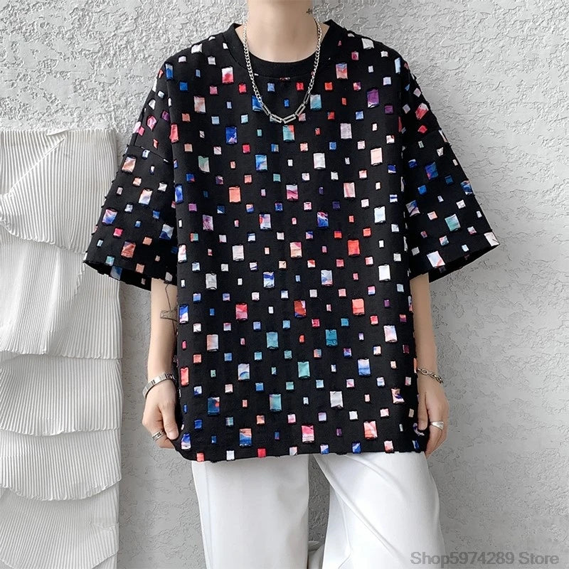 Threebooy Summer Short Sleeved T-shirt Men Fashion Hollow Out Oversized Plaid T Shirt Men Streetwear Hip Hop Loose Casual Tshirt Male 5XL