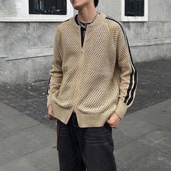 Threebooy   Spring Autumn New Hollow Zipper Cardigan Sweater Men American Retro Niche Casual Loose Sports Lazy Knitted Sweater Jacket
