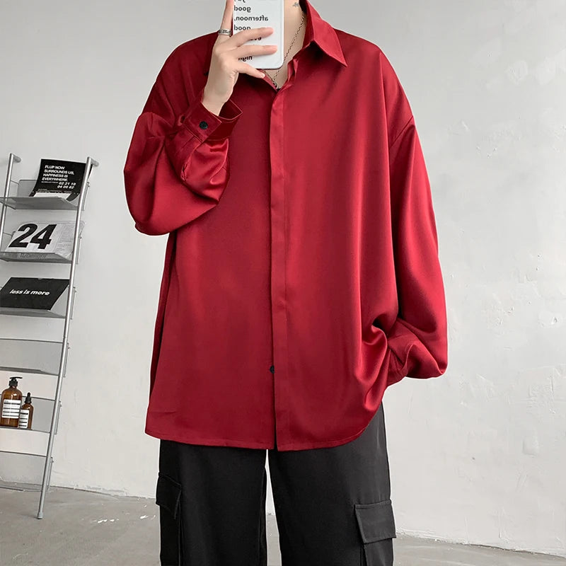 Threebooy Korean Fashion Ice Silk Shirts for Men Spring Summer Solid Color Long Sleeve Casual Loose Comfortable Button Up Shirt 5XL-M