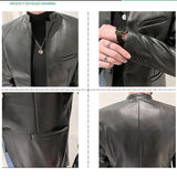 Threebooy Stand Collar Slim Fit Blazer men Solid Black PU Leather Jacket Men One Button Casual Blazers jacket Hombre Korean Suit Coat