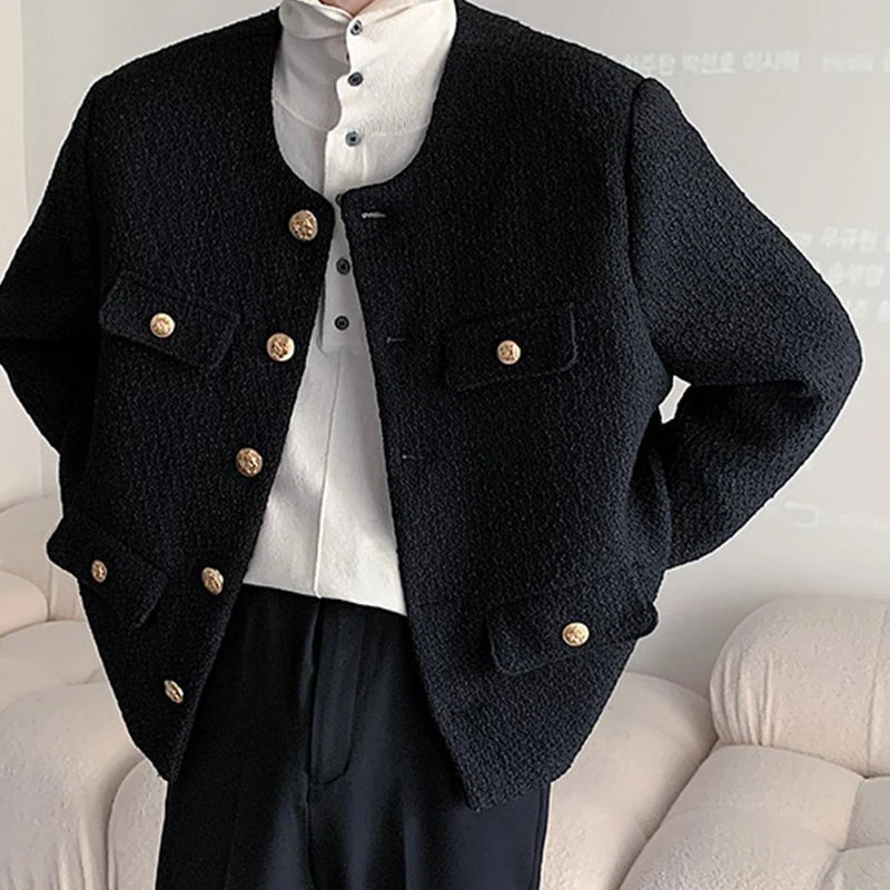 Threebooy Korean Style Fashionable Tweed Round Neck Jacket Men Japanese Trendy High-end Single-breasted Short Jacket with Temperament