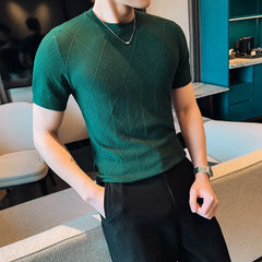 Threebooy  Summer Korean Knitted T-shirt Men Slim Short Sleeve Knitted Pullover Sweater Daily Casual Tshirts Round Neck Business Base Shirt