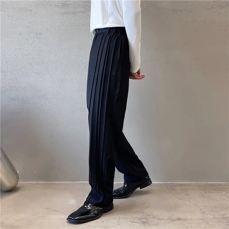 Threebooy  Korean Trendy Design Pleated Trousers Men's Casual Floor Suit Trousers Bottom Suit Pants Blue black Clothing Pants S-XL