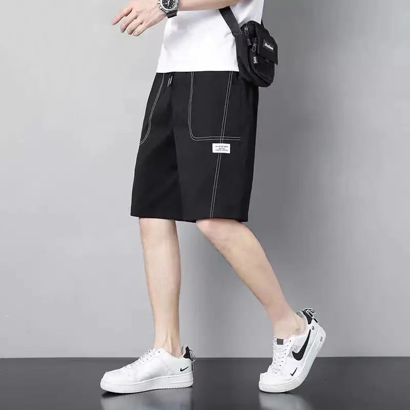 Threebooy  Summer Quick Drying Casual Sports Shorts Men Solid Elastic Waist Drawstring Patchwork Pockets Loose Straight Five-Point Pants