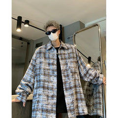Threebooy Men Shirt Plaid Tie-dye Long Sleeve Mens Casual Loose Shirt Autumn High Quality Oversized Male Checked Shirt Red/Blue/Gray
