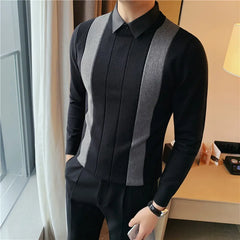 Threebooy Korean Style Men Keep Warm In Autumn Fake 2 Pieces Shirt Collar Knit Sweaters/Male Slim Fit Stripe Fashion Casual Knit Pullover