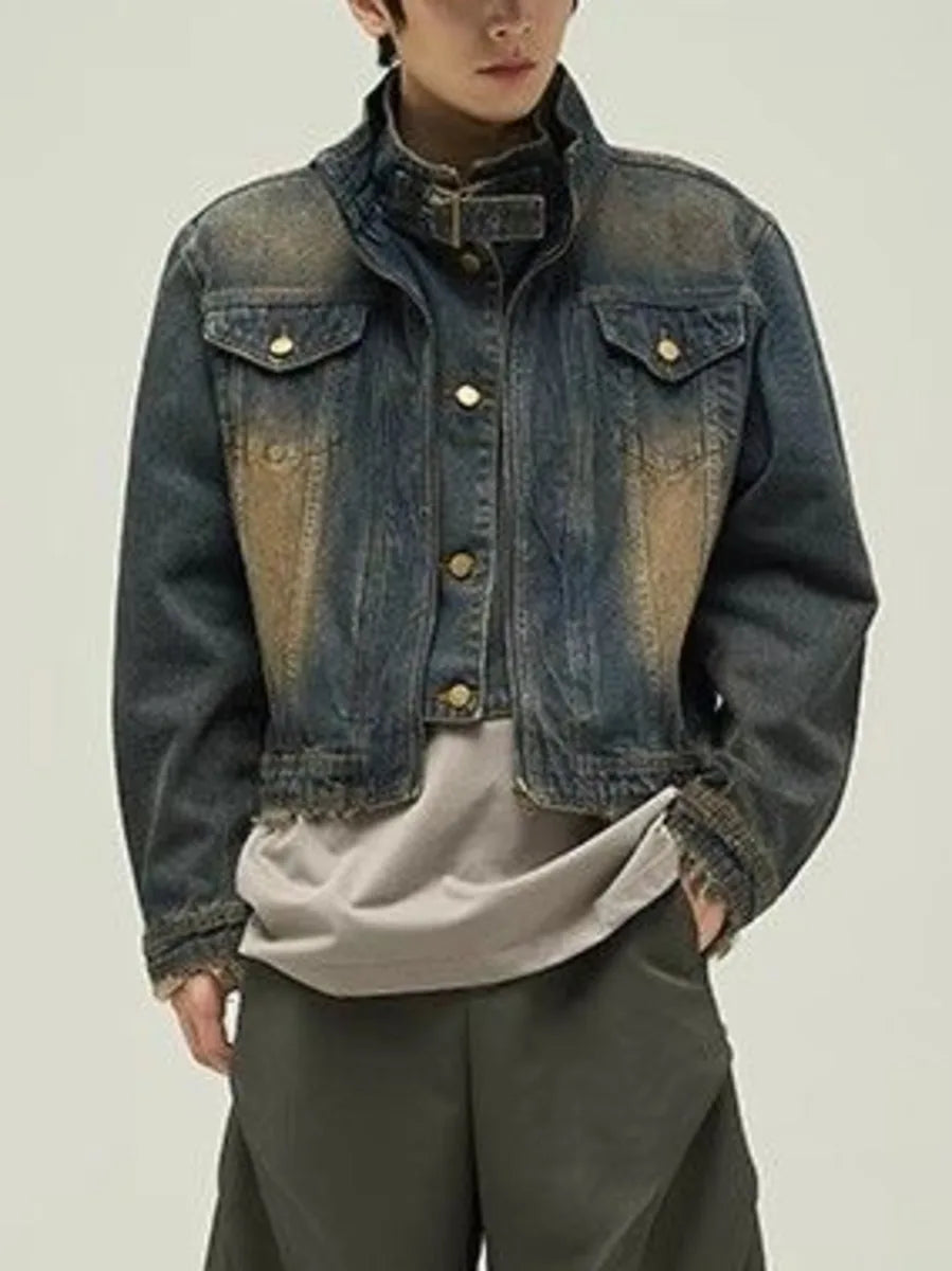 Threebooy Vintage Denim Jacket Man Woman Short Zipper Single Breasted Cowboy Crop Coats Blue Washed Stand Collar Unisex Jeans Outerwear
