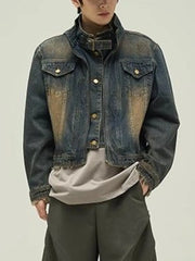 Threebooy Vintage Denim Jacket Man Woman Short Zipper Single Breasted Cowboy Crop Coats Blue Washed Stand Collar Unisex Jeans Outerwear