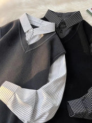 Japanese autumn and winter men and women trendy personalized fake two piece shirt sweater couple loose hip-hop casual top y2k