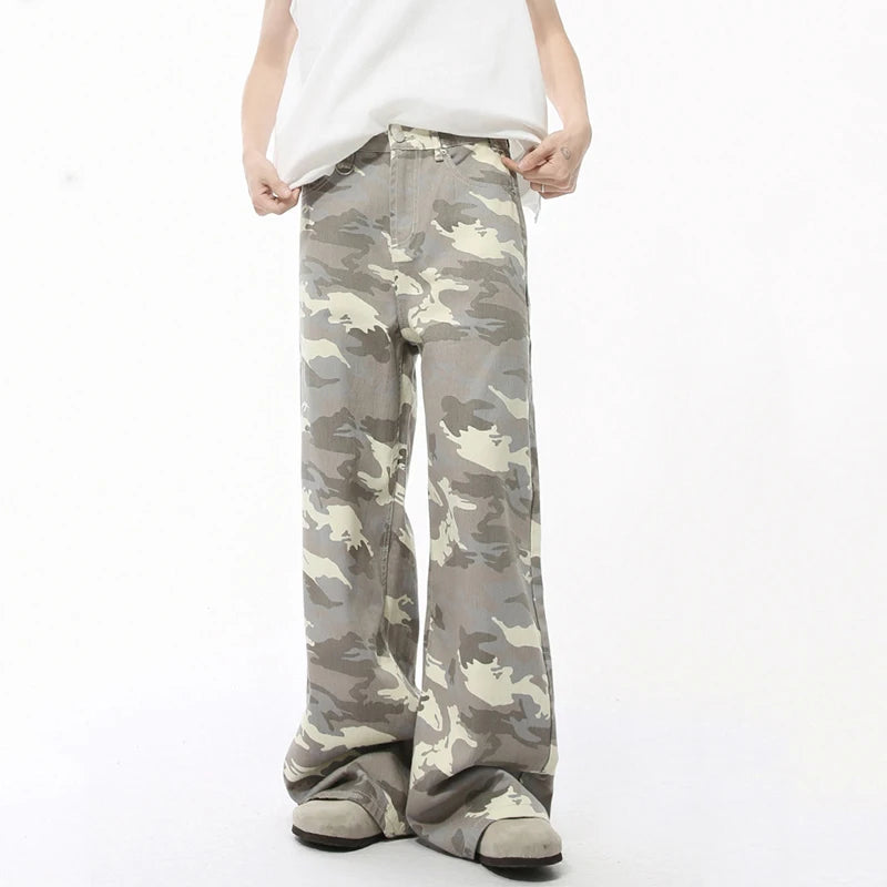 Threebooy  High Street Men's Denim Pants Camouflage Casaul Straight Bottom Simple Wide Leg Loose Trousers Spring Stylish 2025