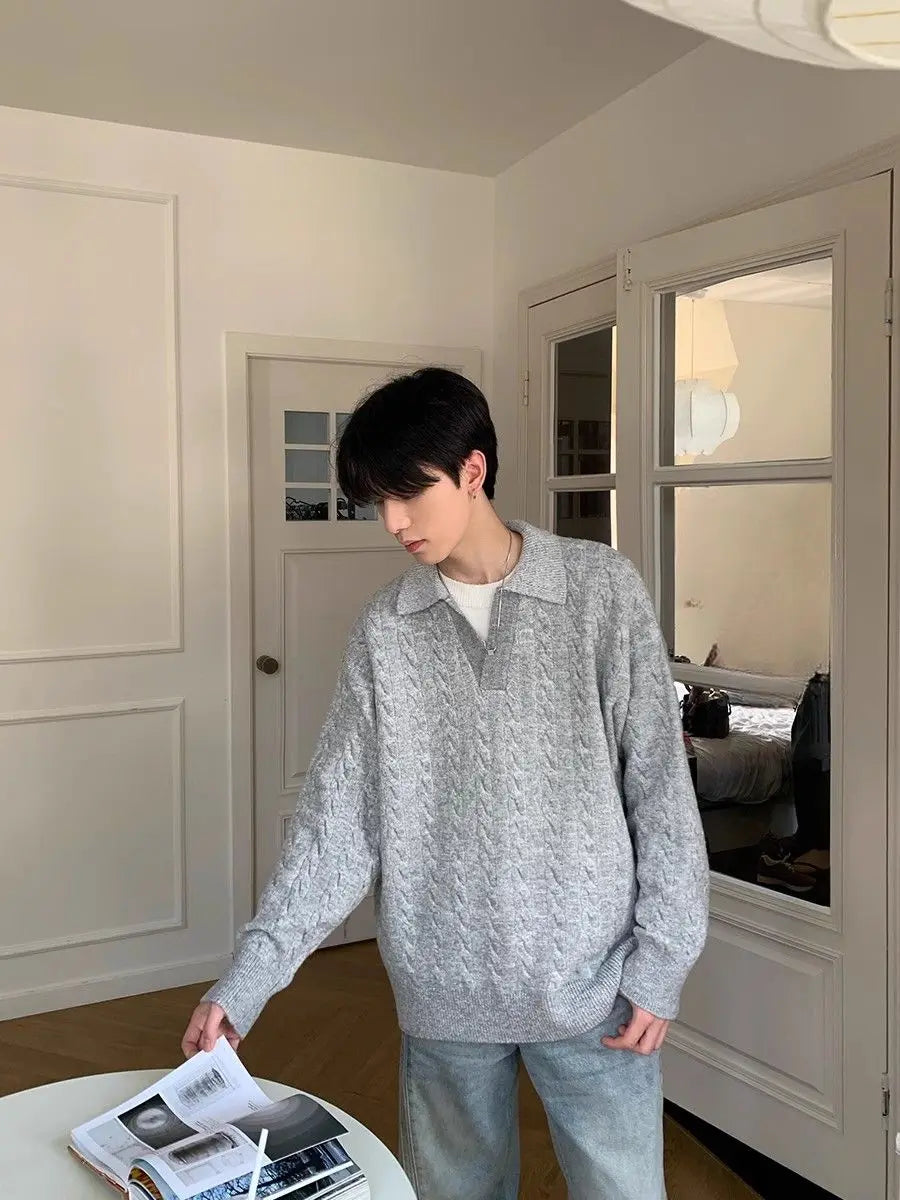 Threebooy Korean style spring and autumn men and women trendy street collar pullover sweater for couples loose retro street casual simple