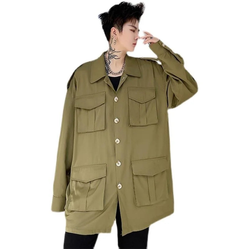 Threebooy Men's Fashion Work Cargo Long Sleeve Shirts Leisure Fashion Youth Handsome Shirts Army Green Color Camisa Masculina M-2XL