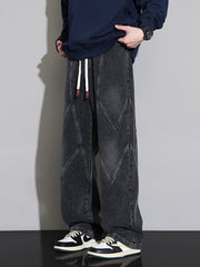 Threebooy Men's Straight Baggy Jeans 380g/m² Heavy Fabric Elastic Waist Drawstring Wide Leg Denim Pants Street Y2K Long Jeans 3 Pockets