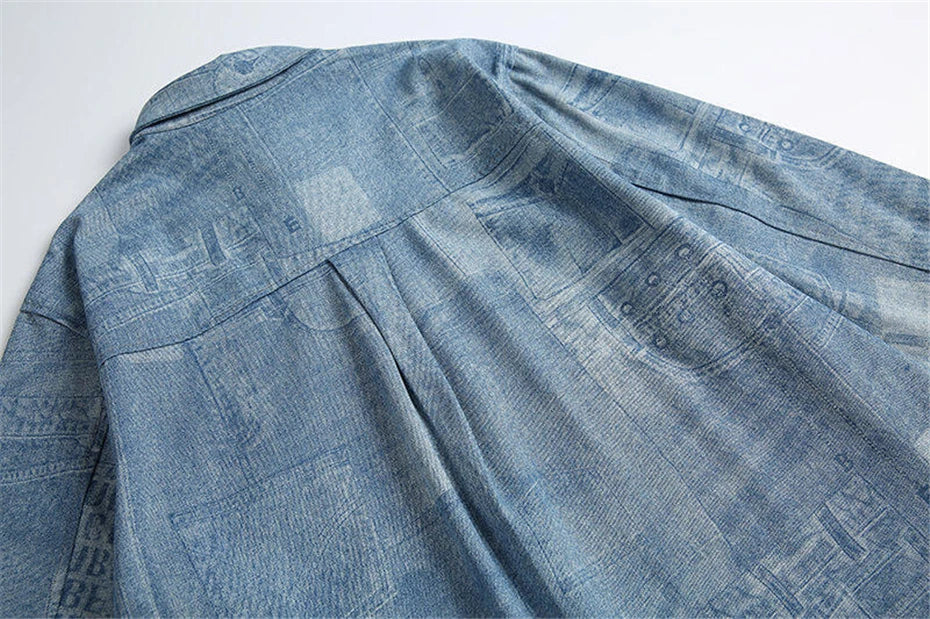 Threebooy Vintage Print Denim Shirts Mens Streetwear Long Sleeve Shirt for Men Harajuku Loose Casual Cotton Blouse Jeans Coats