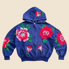 Threebooy Harajuku New Flowers Pattern Patchwork K Pop Clothes Hoodies Women Blue Retro Goth Sweatshirt Hoodie Casual Loose Zipper Hoodies