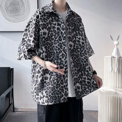 Threebooy Brown/Gray Leopard Printed Shirt Men Loose Breathable Men's Shirts Summer Male Shirt High Street Casual Short Sleeve Tops
