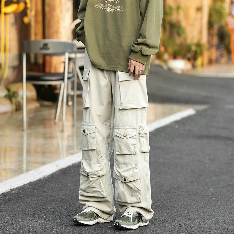Threebooy  Japanese Multi-pocket Work Pants Men's Autumn Trendy Loose Straight Casual Pants Hip-hop Retro Design Trousers Aesthetic Chic