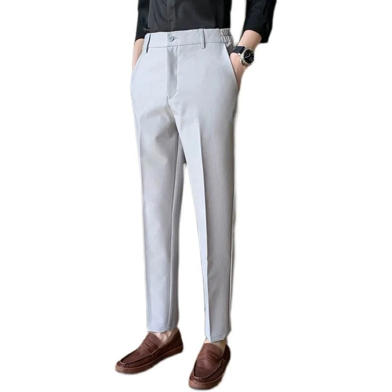 Threebooy  Men's Fashion Trend Casual Pants Silk Fabric Slim Fit Solid Color Suit Pants Formal Business Cotton Trousers Size 28-36