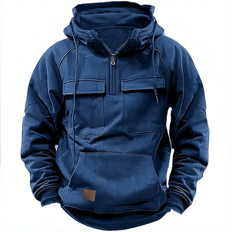 Threebooy Spring Autumn New Men's Hooded Solid Color Sweatshirt Multi Pocket Leather Patch Sports Coat