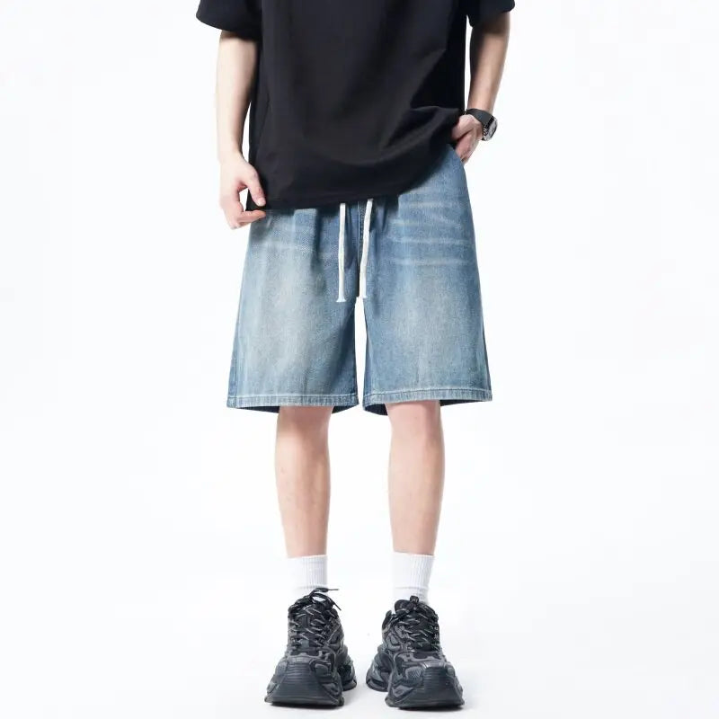 Threebooy Mens Denim Shorts Elastic Waist Drawstring Washed Classic Casual Summer Streetwear Vintage Stonewash Comfort Fit 2025 Fashion
