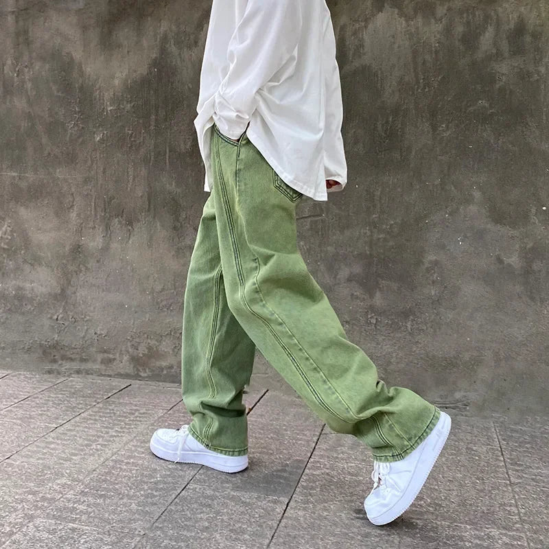 Threebooy  New Men's Streetwear Purple Green Jeans Fashion Baggy Straight Wide Pants Personality Y2k Hip Hop Male Denim Trousers