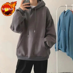 Threebooy  Men's Plain Thickened Hooded Sweatshirt Autumn Winter Ins Fashion Loose Fit Oversize Couple Wear Outerwear