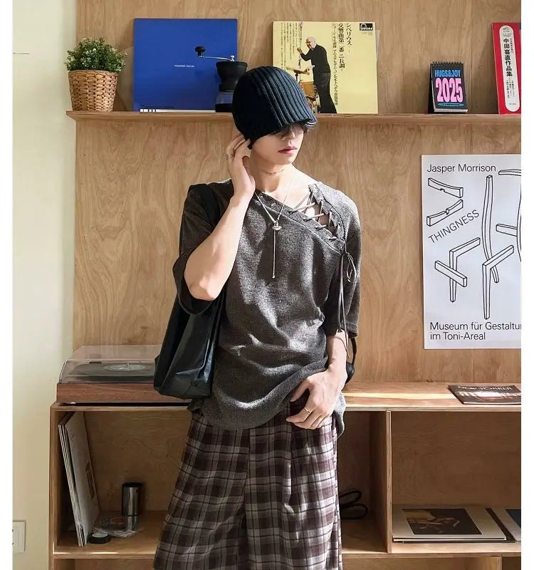 Threebooy Street Punk Shirt Off-shoulder Hollow T-shirt American 2025 New High-end Style Fashionable Casual Loose Short Sleeves